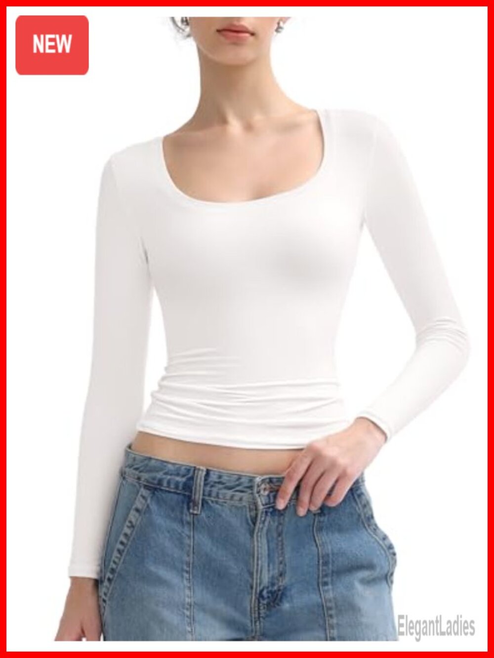 Women's Long Sleeve Scoop Neck Slim Fit Double Lined Basic Tee Top